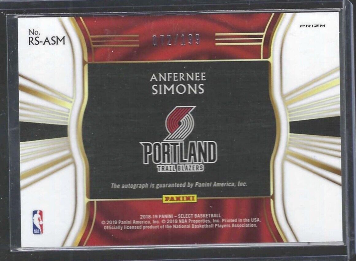 ANFERNEE SIMONS 2018-19 PANINI SELECT SILVER PRIZM ON CARD AUTO RC #D 072/199