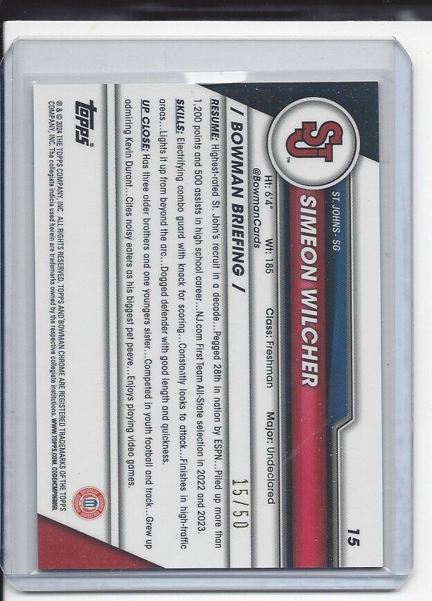 SIMEON WILCHER 2023-24 BOWMAN CHROME UNIVERSITY 1ST GOLD SHIMMER REFRACTOR /50