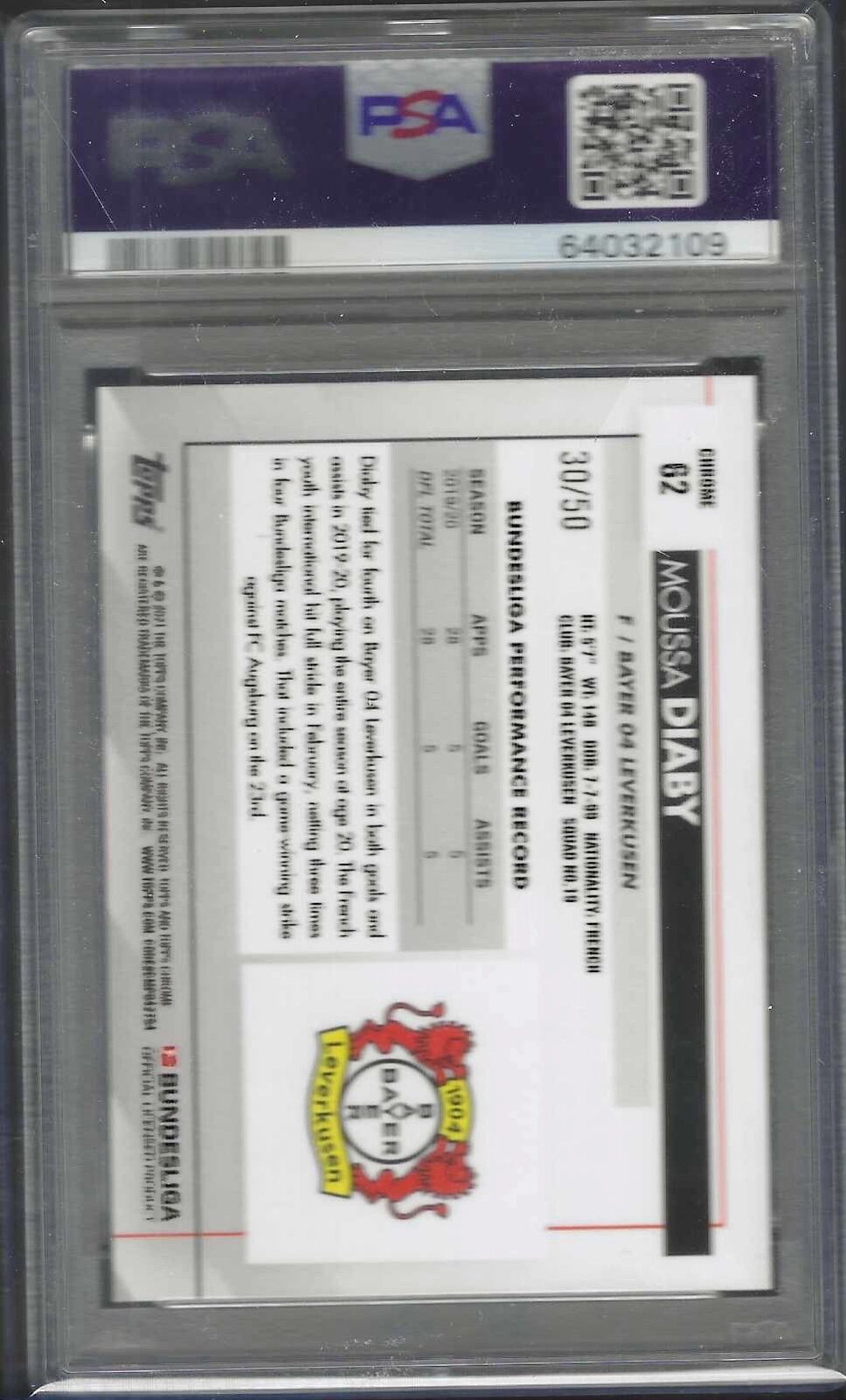 MOUSSA DIABY 2020-21 TOPPS CHROME BUNDES GOLD WAVE REFRACTOR RC /50 PSA 9 POP 4