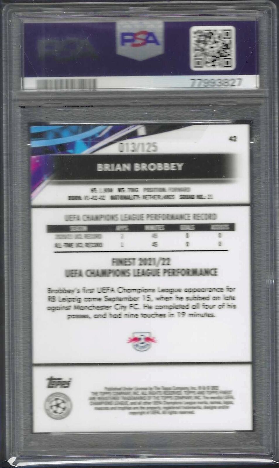 BRIAN BROBBEY 2021-22 FINEST UCL PINK PRISM REFRACTOR RC /125 PSA 10 GEM POP 1/1