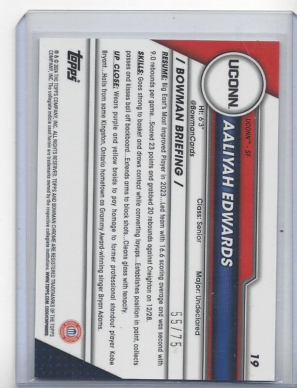 AALIYAH EDWARDS 2023-24 BOWMAN CHROME UNIVERSITY 1ST YELLOW REFRACTOR #D 55/75