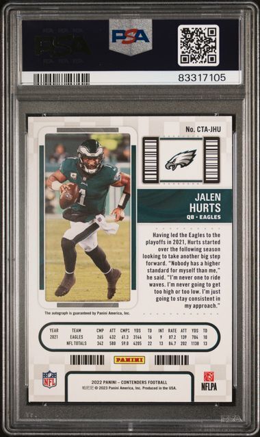 JALEN HURTS 2022 PANINI CONTENDERS VETERAN TICKET ON CARD AUTO PSA 10 GEM MINT