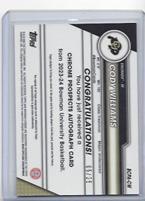 CODY WILLIAMS 2023-24 BOWMAN CHROME UNIVERSITY 1ST ORANGE REFRACTOR AUTO #D 5/25