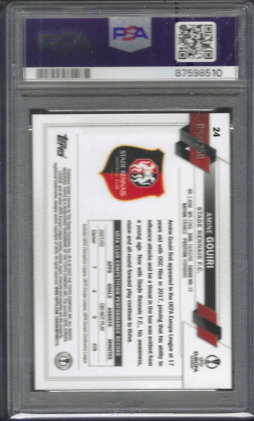 AMINE GOUIRI 2022 TOPPS CHROME PINK SHIMMER REFRACTOR RC /250 PSA 10 GEM POP 3