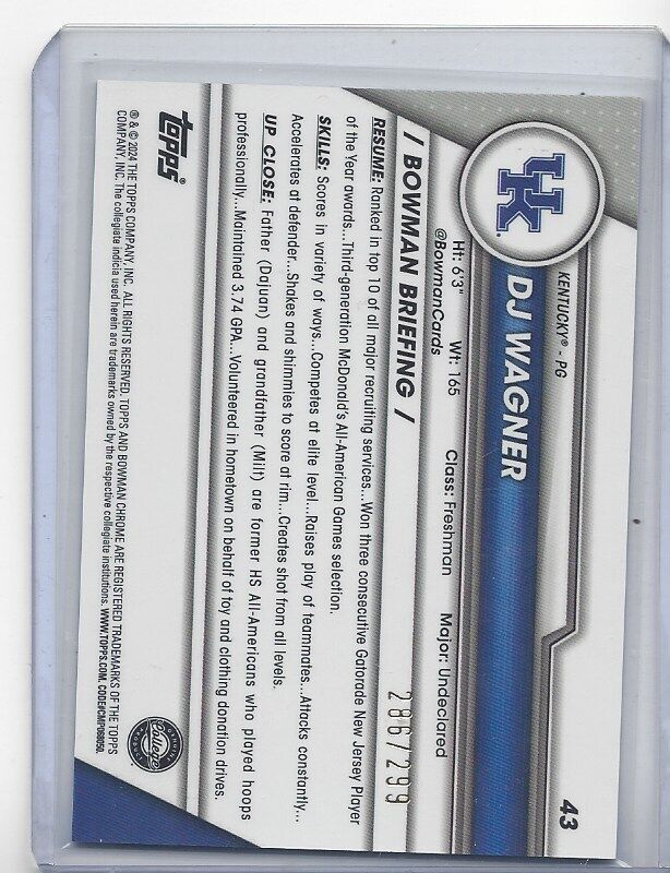 DJ WAGNER 2023-24 BOWMAN CHROME UNIVERSITY 1ST KENTUCKY AQUA REFRACTOR #D /299