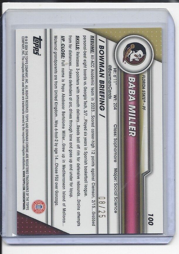 BABA MILLER 2023-24 BOWMAN CHROME UNIVERSITY 1ST ORANGE SHIMMER REFRACTOR #D /25