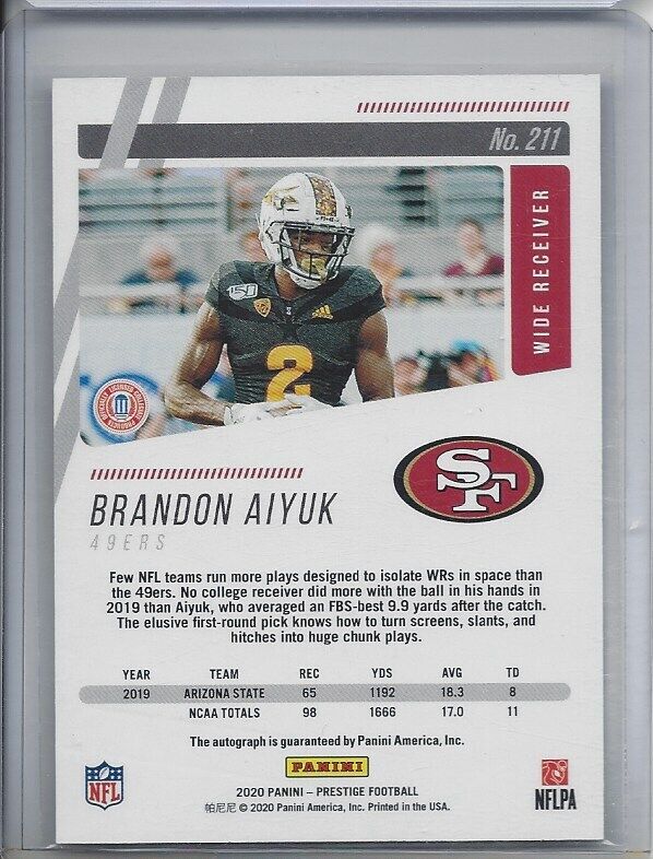 BRANDON AIYUK 2020 PANINI PRESTIGE XTRA POINTS 49ERS ROOKIE AUTO RC #211