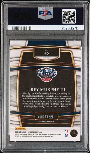 TREY MURPHY III 2021-22 PANINI SELECT RED PRIZM RC #D 6/199 PSA 10 GEM POP 9