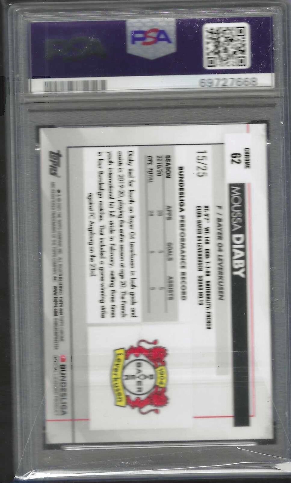 MOUSSA DIABY 2020-21 TOPPS CHROME BUNDESLIGA ORANGE REFRACTOR RC /25 PSA 9 POP 5