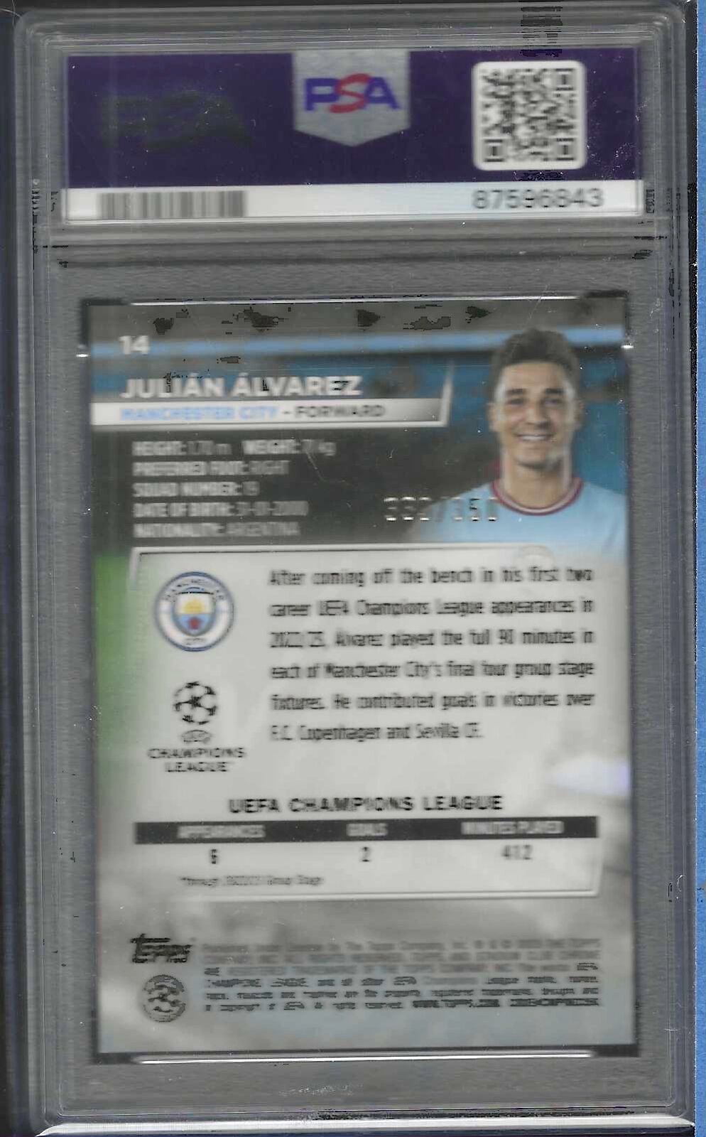 JULIAN ALVAREZ 2022-23 TOPPS STADIUM CLUB BLACK WHITE PRISM RC /350 PSA 9 MINT