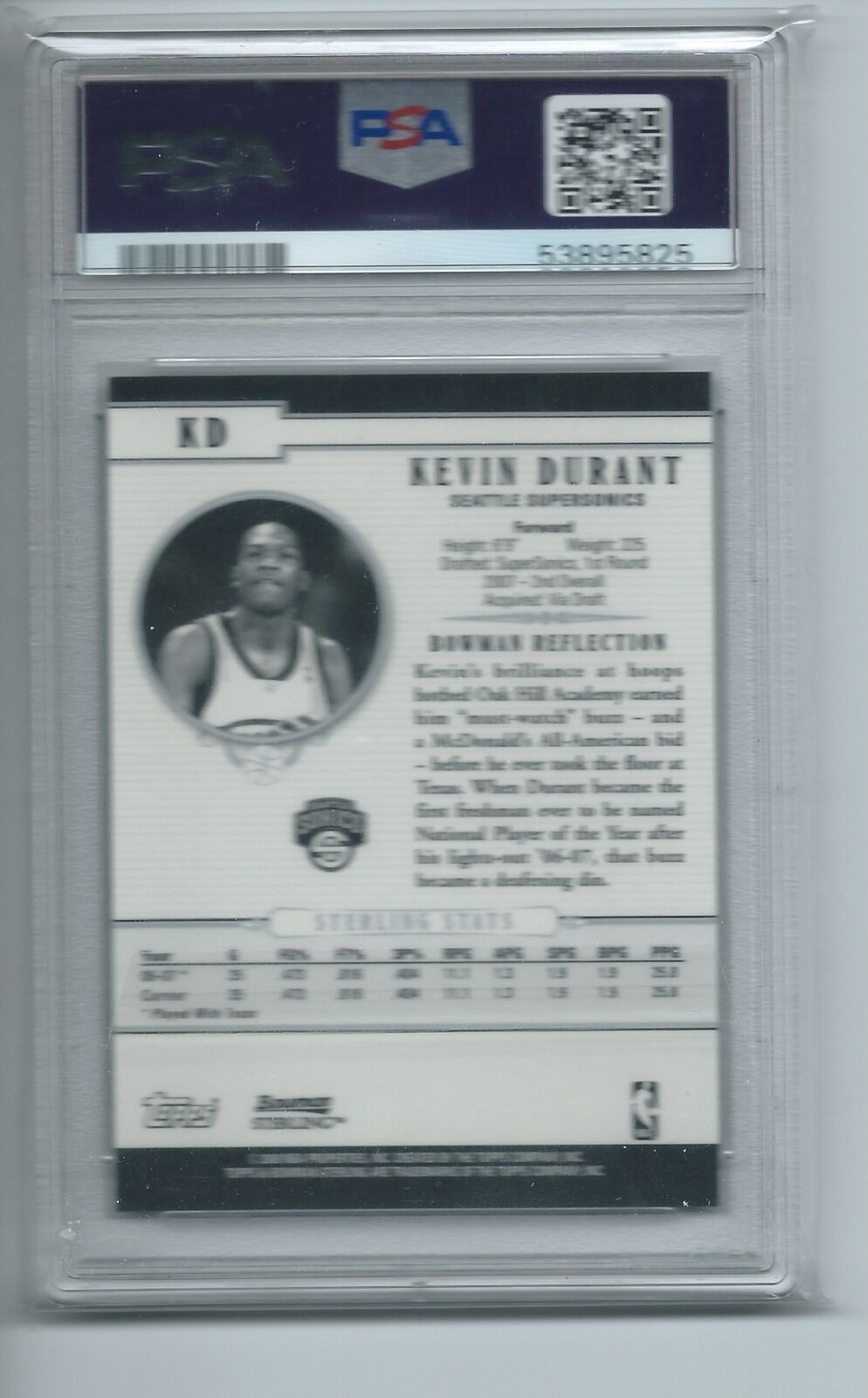 KEVIN DURANT 2007-08 BOWMAN STERLING TRUE ROOKIE RC #KD PSA 9 MINT
