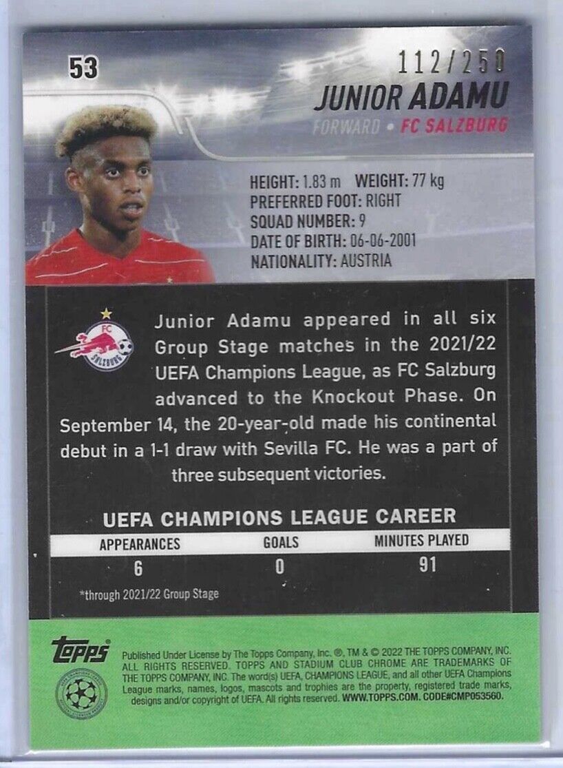 JUNIOR ADAMU 2021-22 TOPPS STADIUM CLUB CHROME AQUA WAVE REFRACTOR RC #D 112/250