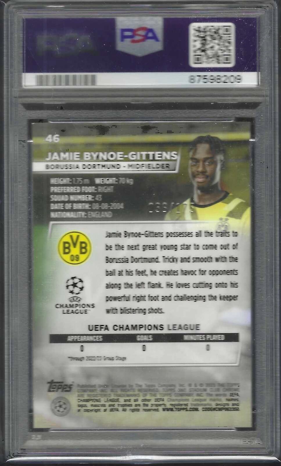 JAMIE BYNOE-GITTENS 2022-23 STADIUM CLUB GREEN X-FRACTOR RC /175 PSA 10 POP 2