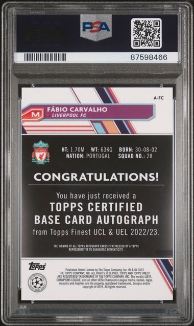 FABIO CARVALHO 2022-23 TOPPS FINEST BLUE REFRACTOR AUTO RC /150 PSA 10 POP 1/1