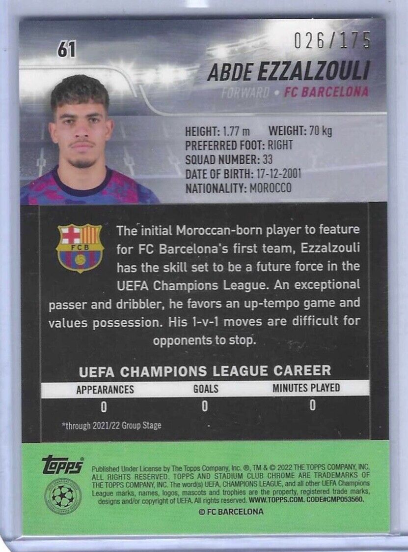 ABDE EZZALZOULI 2021-22 STADIUM CLUB CHROME NIGHT VISION REFRACTOR RC #D 026/175