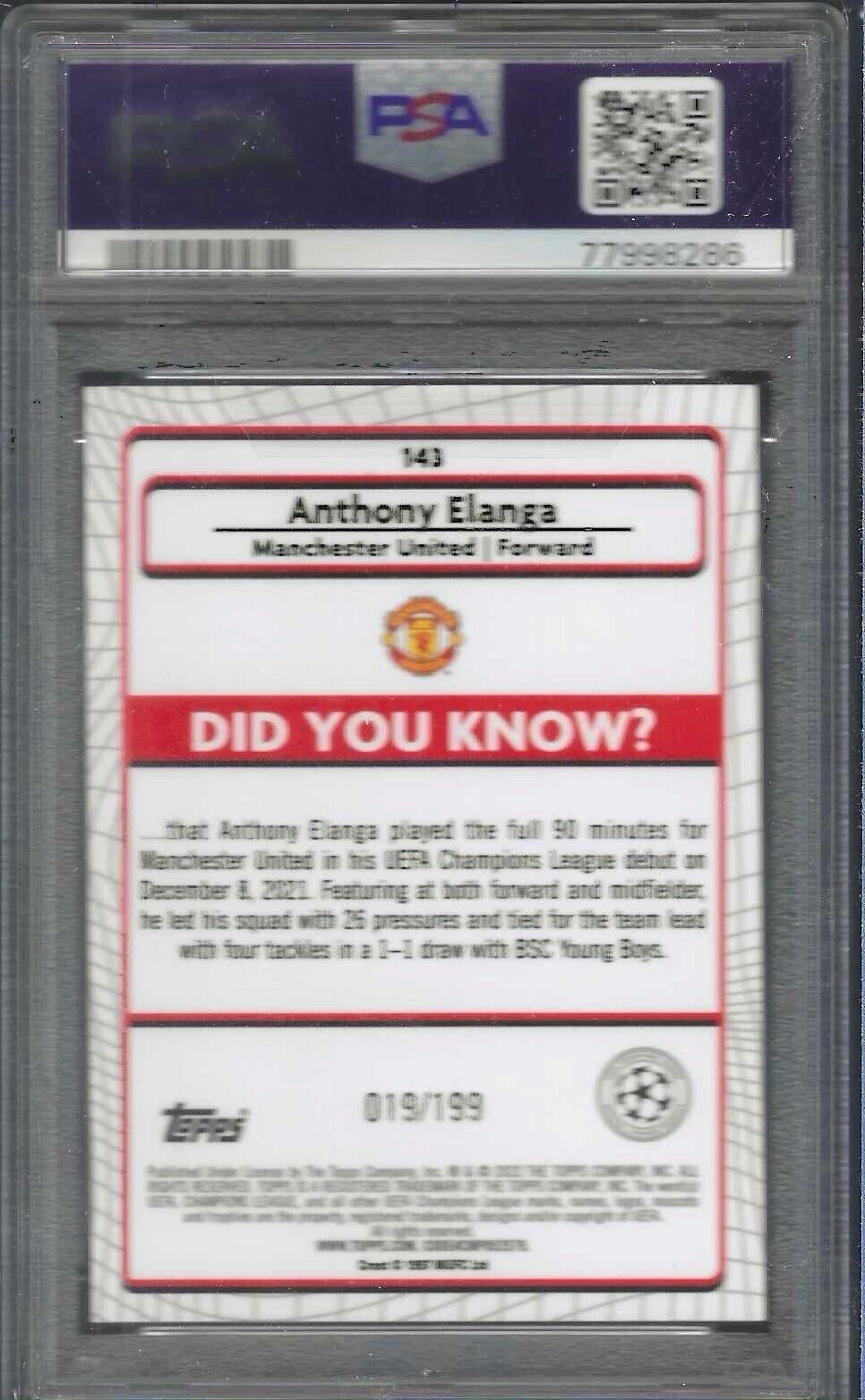 ANTHONY ELANGA 2021-22 TOPPS MERLIN AQUA SPECKLE REFRACTOR RC /199 PSA 10 POP 2