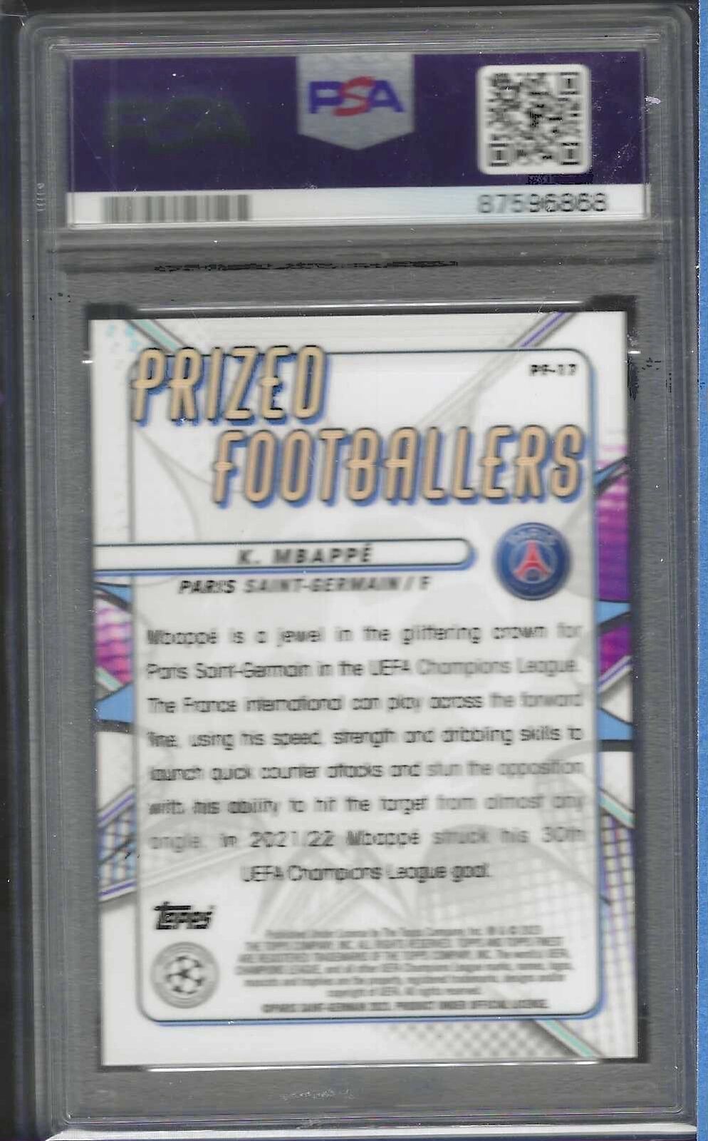 KYLIAN MBAPPE 2022-23 TOPPS FINEST PRIZED FOOTBALLERS ROSE GOLD /75 PSA 10 GEM