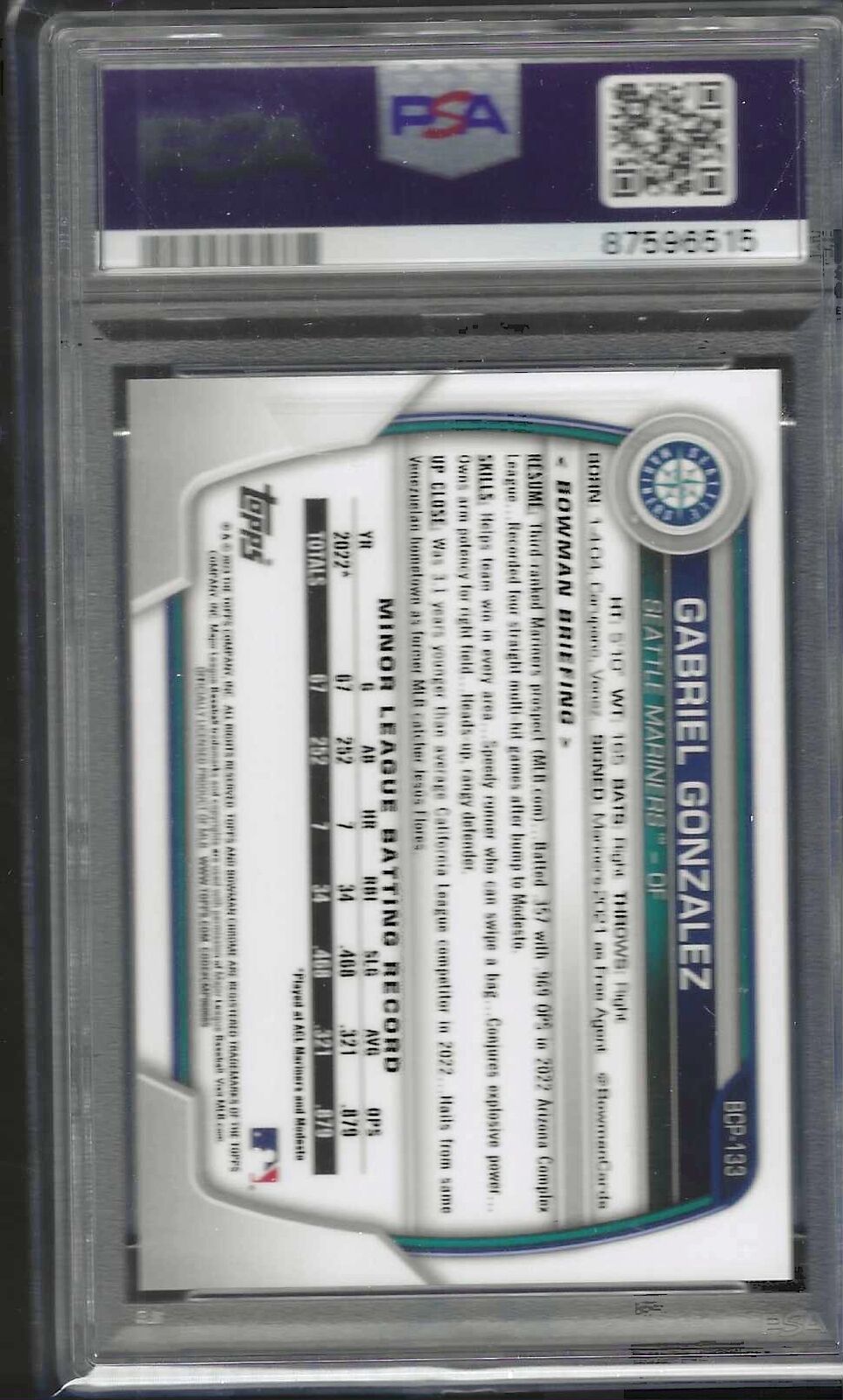 GABRIEL GONZALEZ 2023 BOWMAN CHROME PURPLE 1ST RAYWAVE REFRACTOR /250 PSA 10