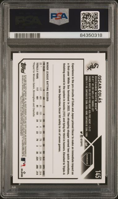 OSCAR COLAS 2023 TOPPS CHROME PURPLE REFRACTOR RC #D /250 PSA 10 GEM MINT POP 2