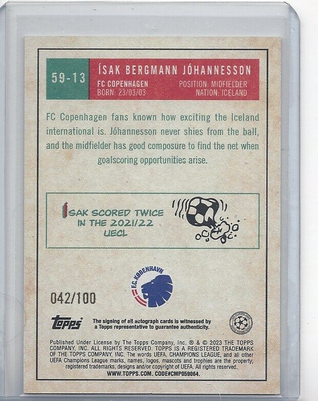 ISAK BERGMANN JOHANNESSON 2022-23 TOPPS CLUB COMPETITIONS 1959 AUTO RC #D 42/100