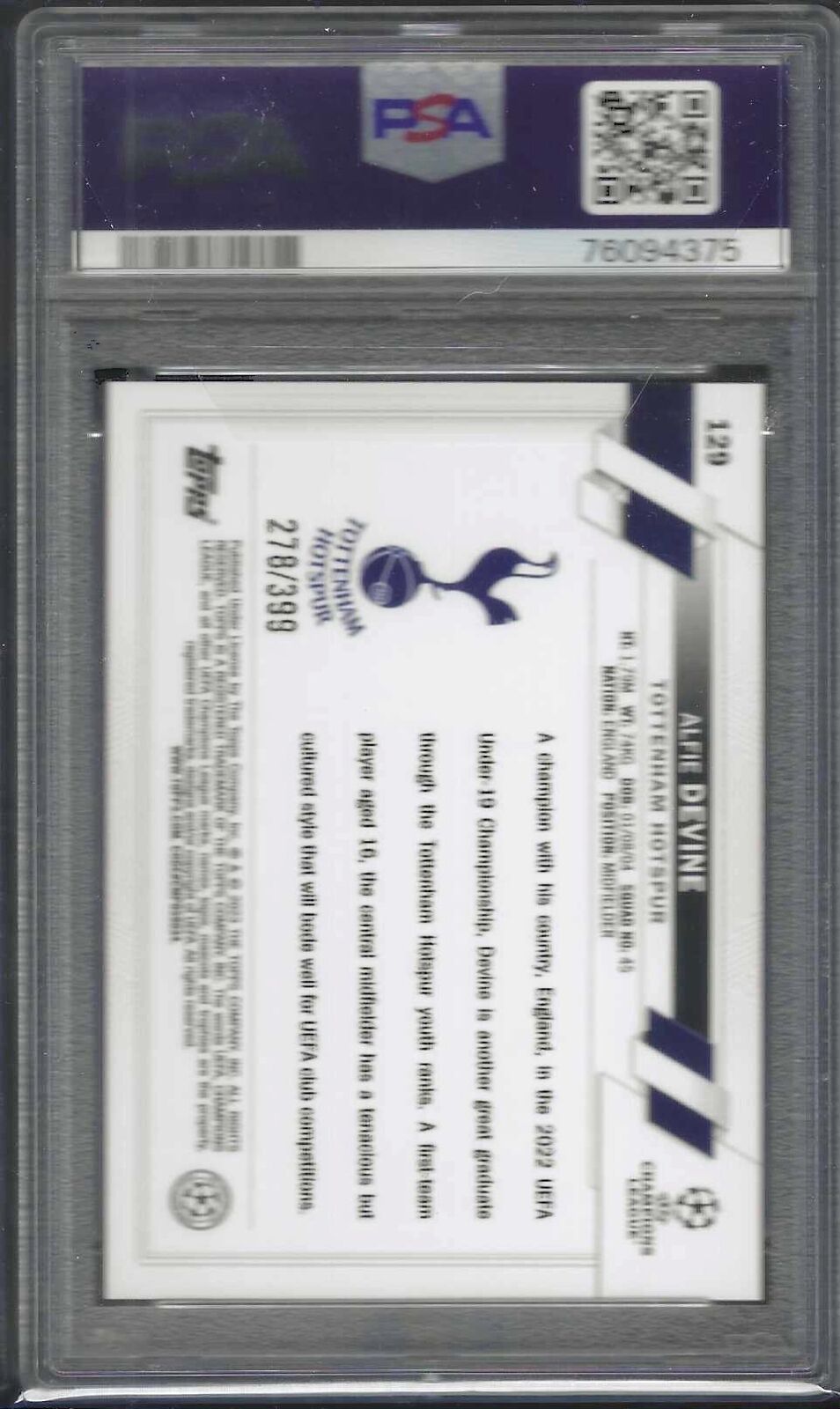 ALFIE DEVINE 2022-23 TOPPS UEFA ICY AQUA FOIL RC /399 PSA 10 GEM MINT POP 1/1