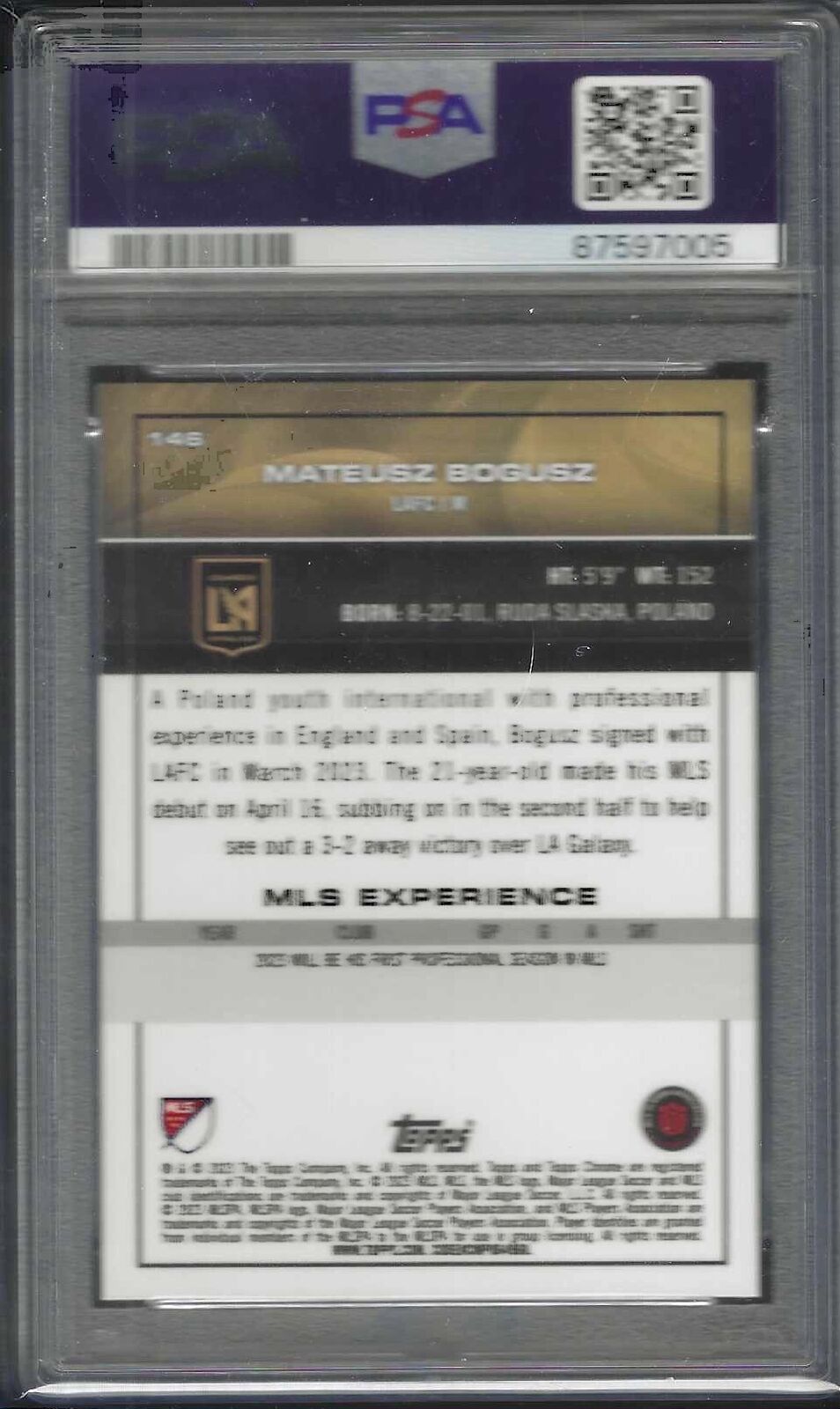 MATEUSZ BOGUSZ 2023 TOPPS CHROME MLS REFRACTOR SP VARIATION RC 146 PSA 9 POP 1/1