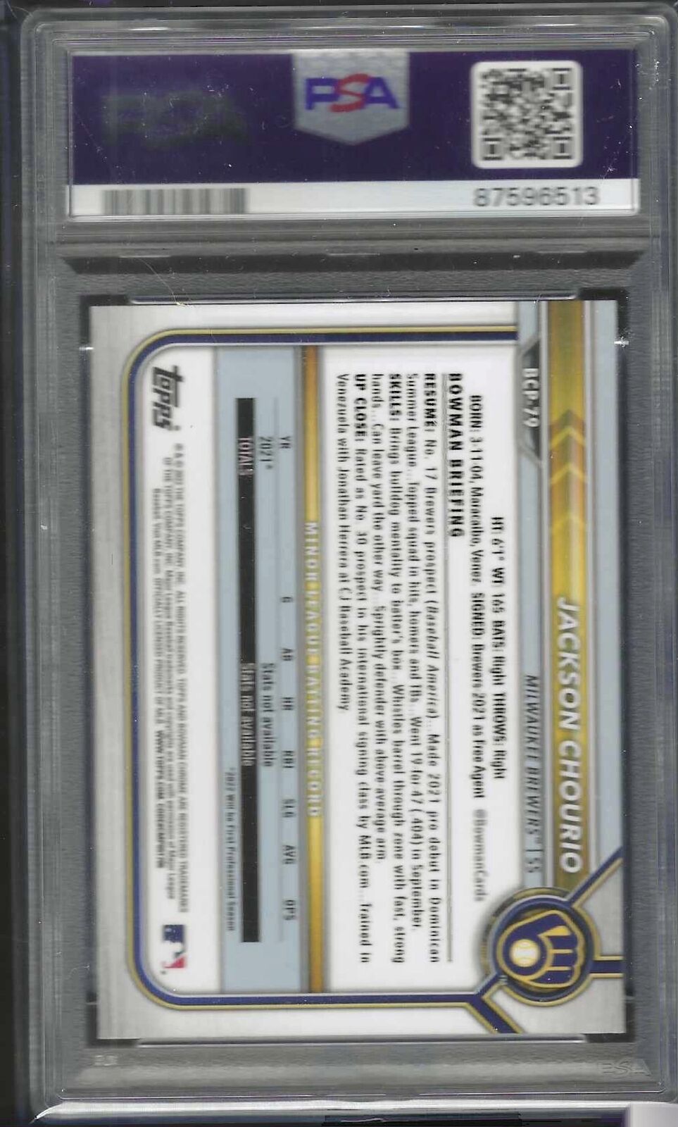 JACKSON CHOURIO 2022 BOWMAN CHROME 1ST PROSPECT #BCP-79 PSA 10 GEM MINT