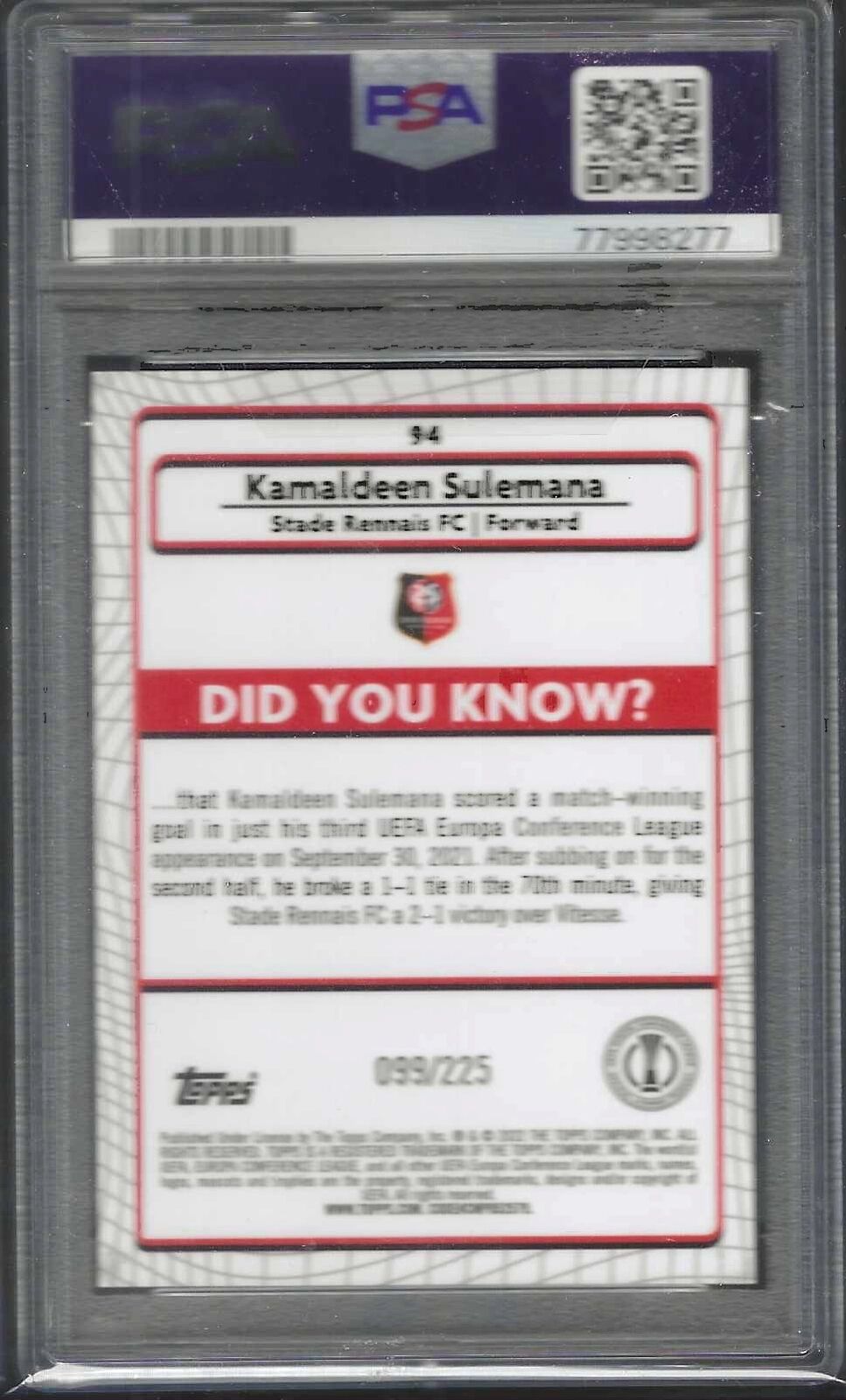KAMALDEEN SULEMANA 2021-22 TOPPS MERLIN YELLOW WAVE RC /225 PSA 10 GEM POP 9