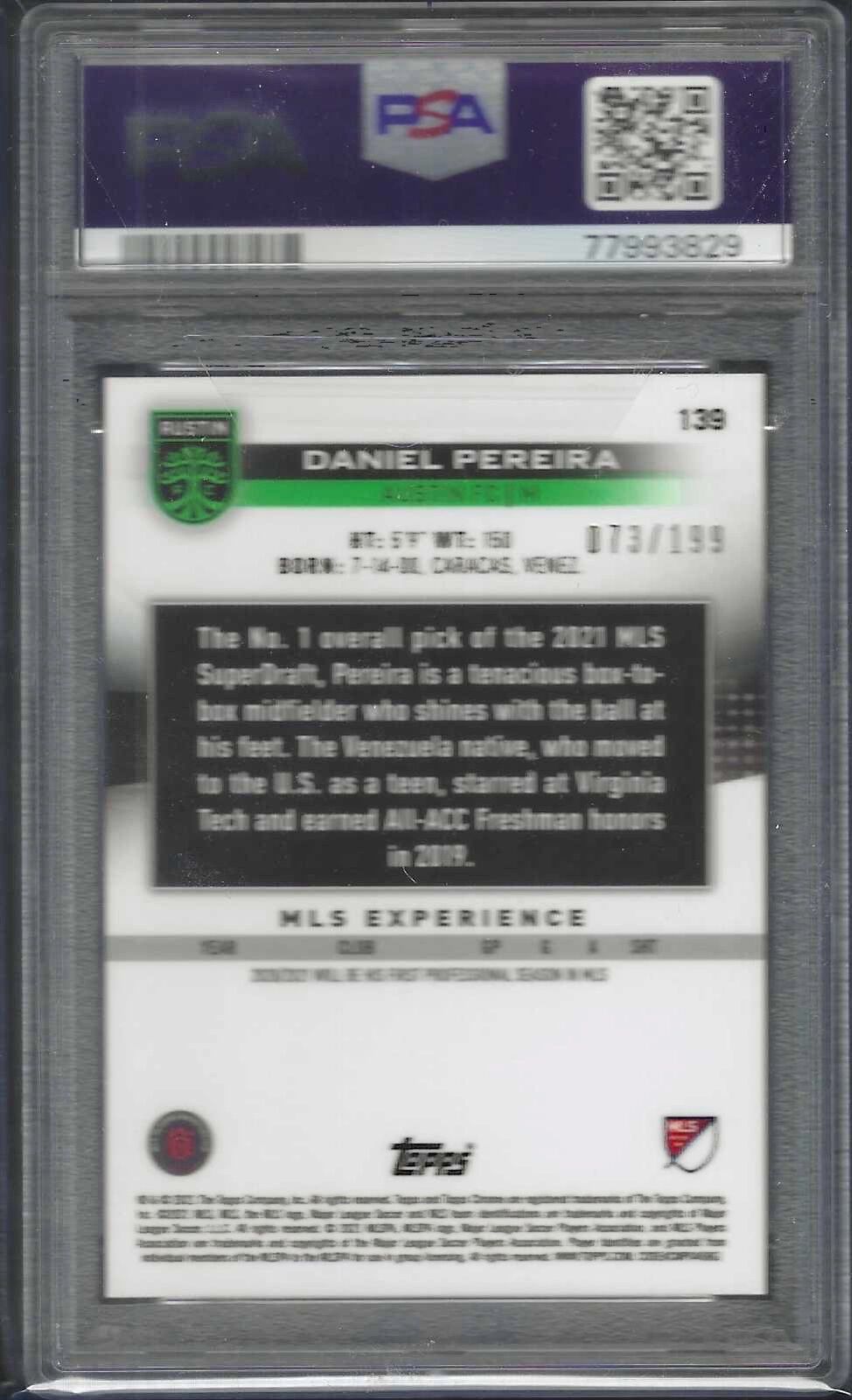 DANIEL PEREIRA 2023 TOPPS CHROME MLS BLUE WAVE REFRACTOR RC /199 PSA 10 POP 1/1