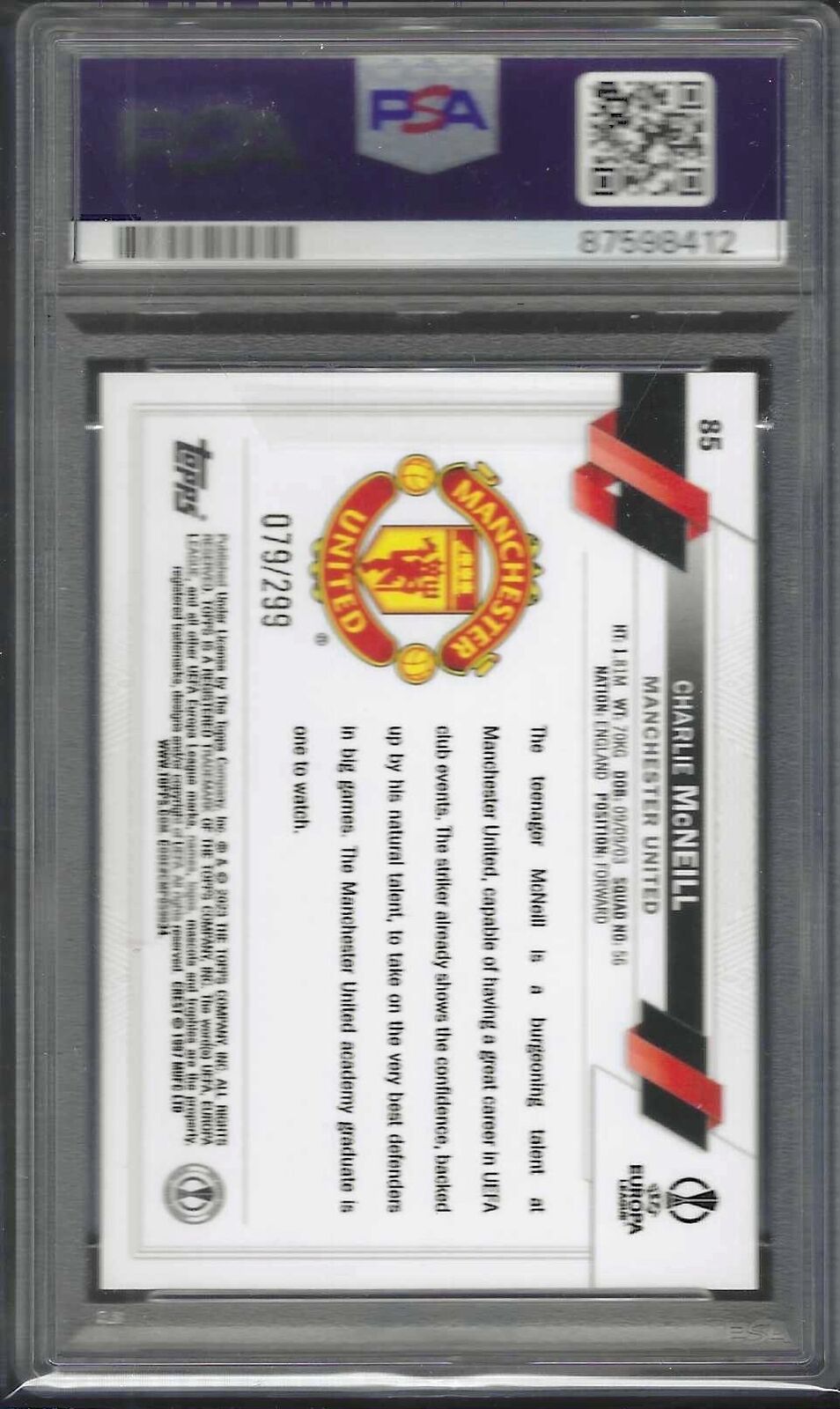 CHARLIE MCNEILL 2022-23 TOPPS UEFA YELLOW FOIL RC /299 PSA 10 GEM MINT POP 1/1