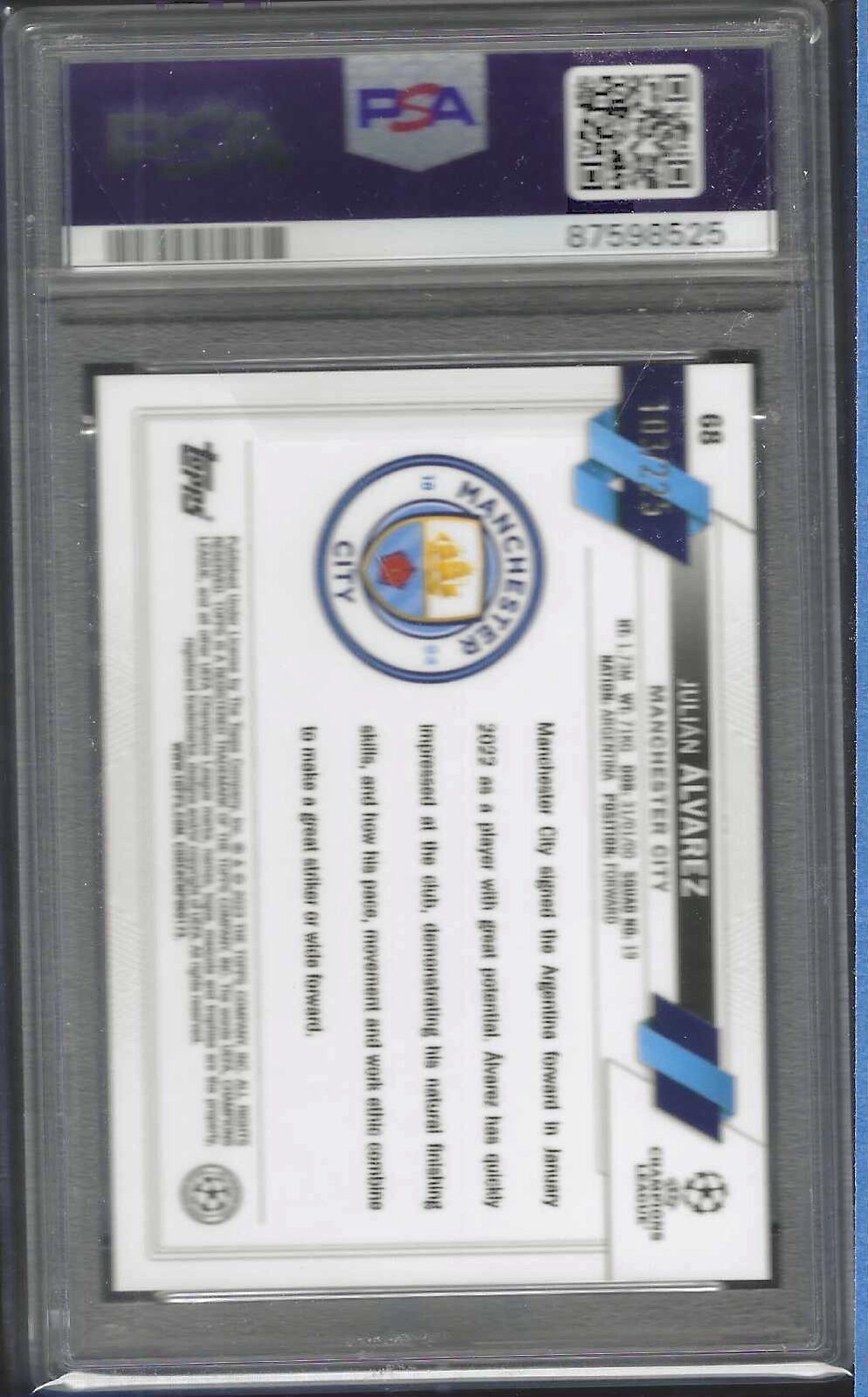 JULIAN ALVAREZ 2022-23 TOPPS CHROME NIGHT VISION RAYWAVE RC /225 PSA 10 GEM MINT