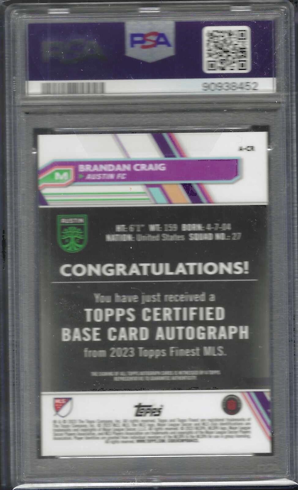 BRANDAN CRAIG 2023 FINEST MLS ORANGE REFRACTOR AUTO RC /25 PSA 9 MINT POP 2
