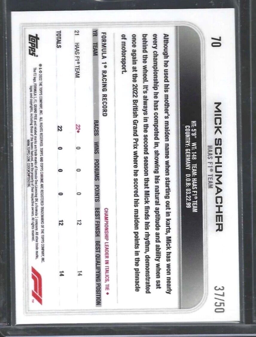 MICK SCHUMACHER 2022 TOPPS CHROME F1 GOLD WAVE REFRACTOR #D 37/50