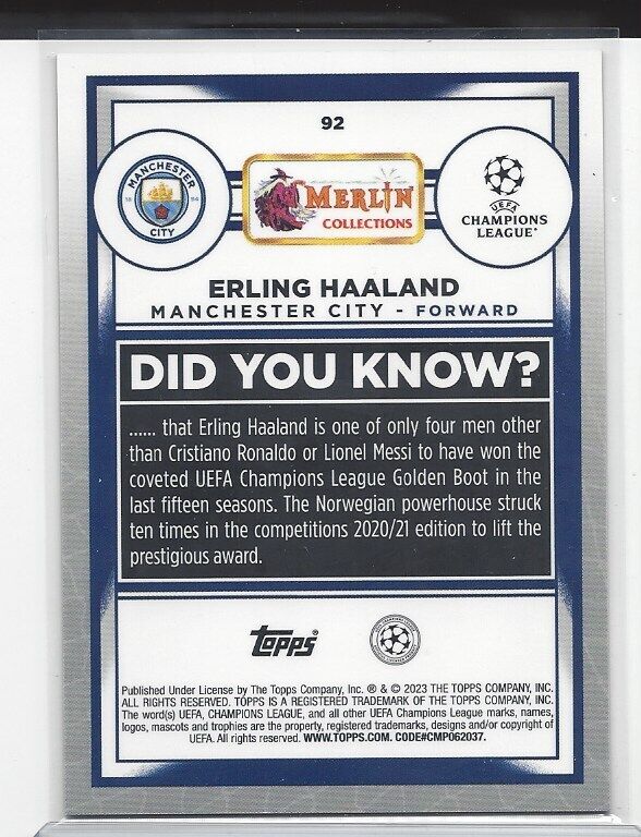 ERLING HAALAND 2022-23 TOPPS MERLIN CHROME AQUA SPECKLE REFRACTOR #D 167/199