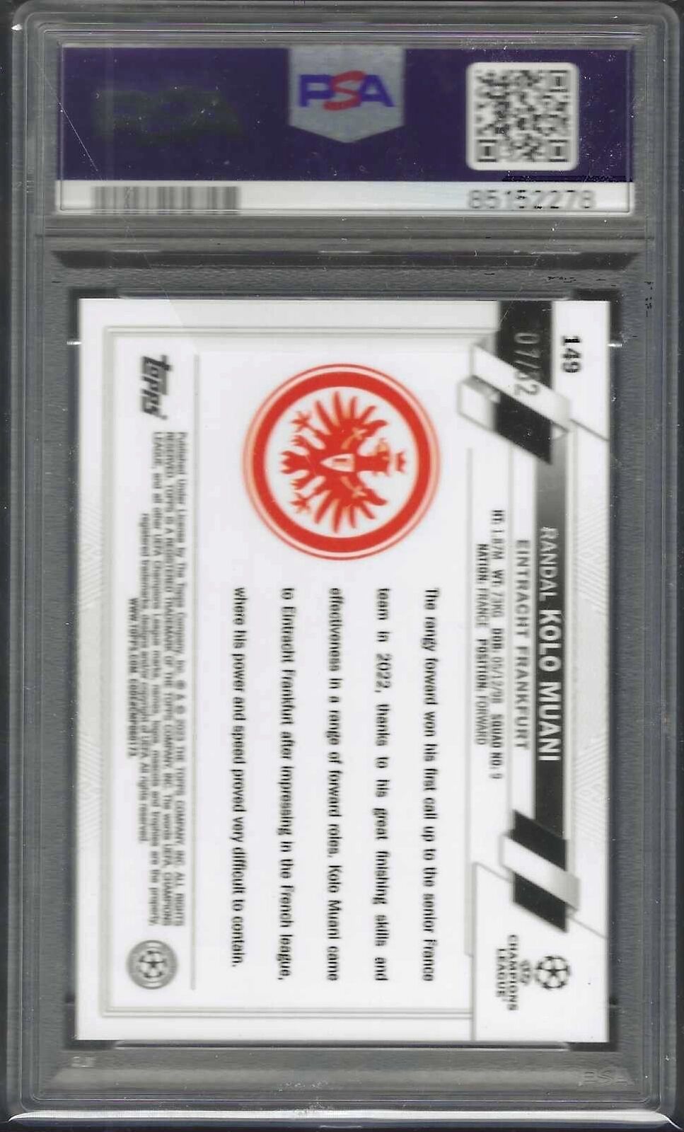 RANDAL KOLO MUANI 2022-23 TOPPS CHROME TOPPSFRACTOR RC /52 PSA 9 MINT POP 7