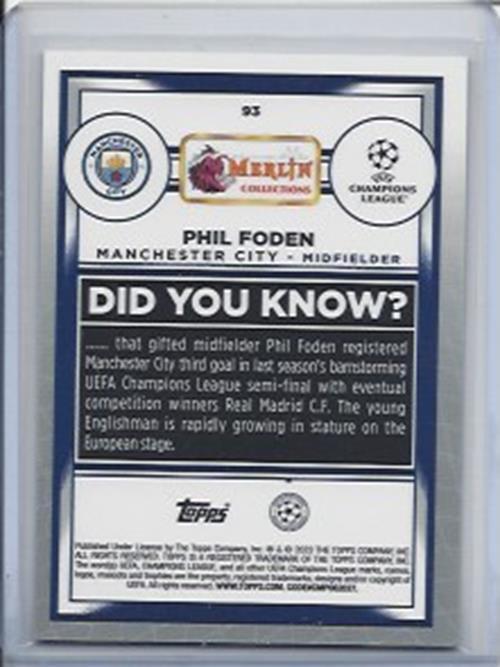 PHIL FODEN 2022-23 TOPPS MERLIN CHROME GREEN SHIMMER REFRACTOR #D 245/350