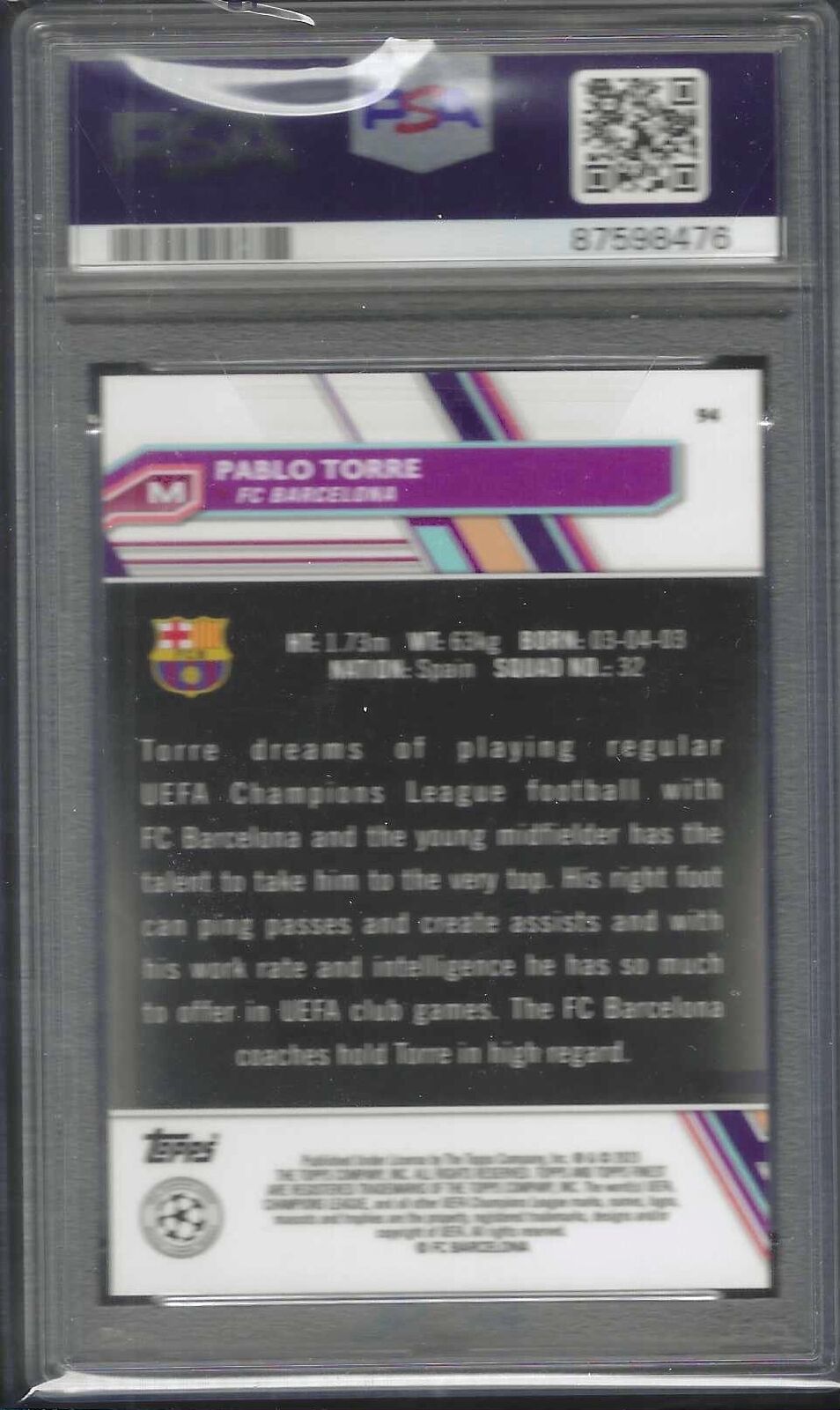 PABLO TORRE 2022-23 TOPPS FINEST UCL PURPLE REFRACTOR RC /299 PSA 10 GEM POP 1/1