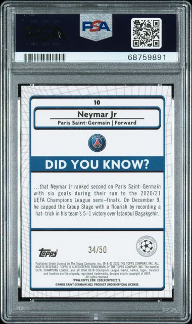 NEYMAR JR 2021-22 MERLIN CHROME UEFA GOLD REFRACTOR #D 34/50 PSA 10 GEM POP 2