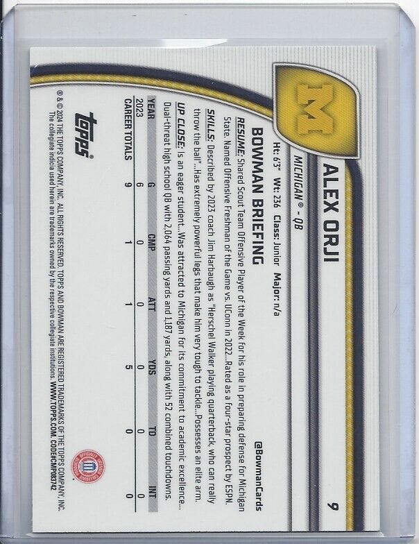ALEX ORJI 2024 BOWMAN CHROME UNIVERSITY 1ST XFRACTOR MICHIGAN REFRACTOR #9