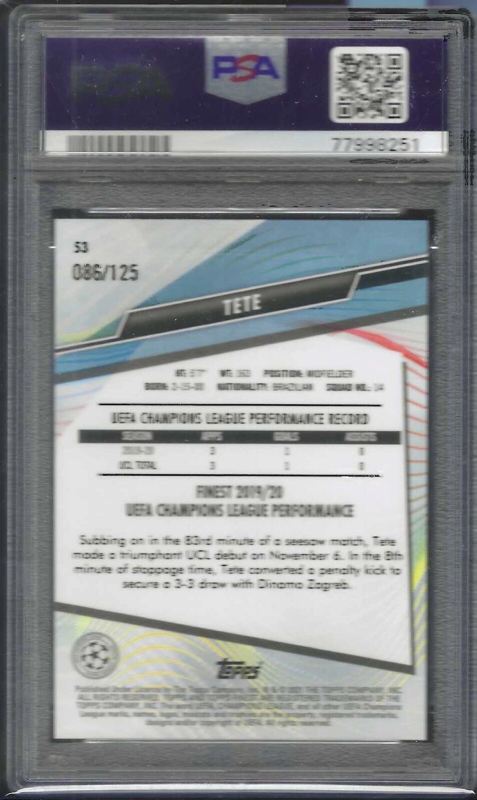 TETE 2020 TOPPS FINEST UCL MINI DIAMOND REFRACTOR RC /125 PSA 10 GEM MINT POP 1