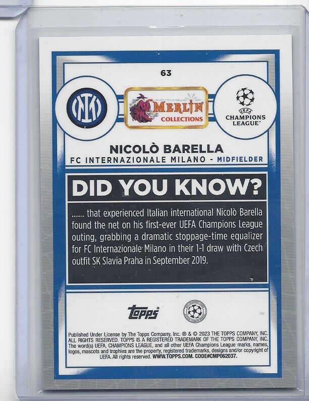 NICOLO BARELLA 2022-23 TOPPS MERLIN CHROME ATOMIC ICE REFRACTOR #D 181/250