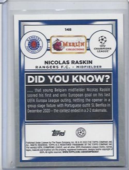 NICOLAS RASKIN 2022-23 TOPPS MERLIN CHROME GREEN SHIMMER REFRACTOR RC #D 142/350