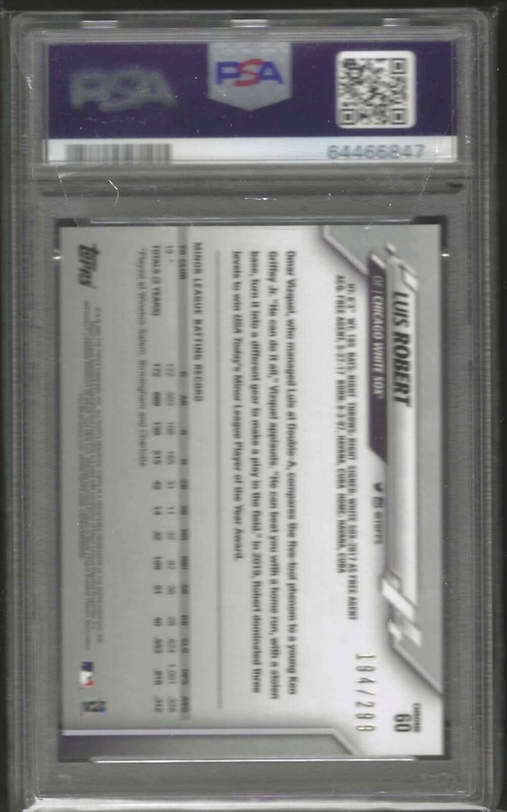 LUIS ROBERT 2020 TOPPS CHROME PURPLE REFRACTOR ROOKIE RC /299 PSA 9 MINT