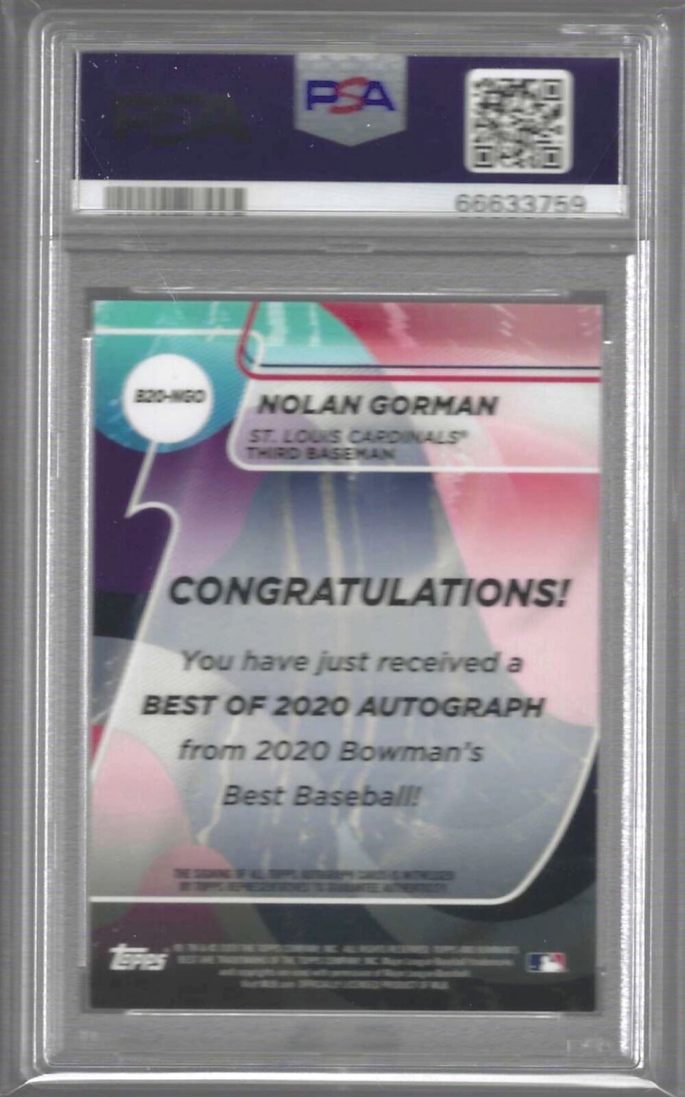 NOLAN GORMAN 2020 BOWMANS BEST OF 2020 PROSPECT AUTO #B20-NGO PSA 9 POP 23