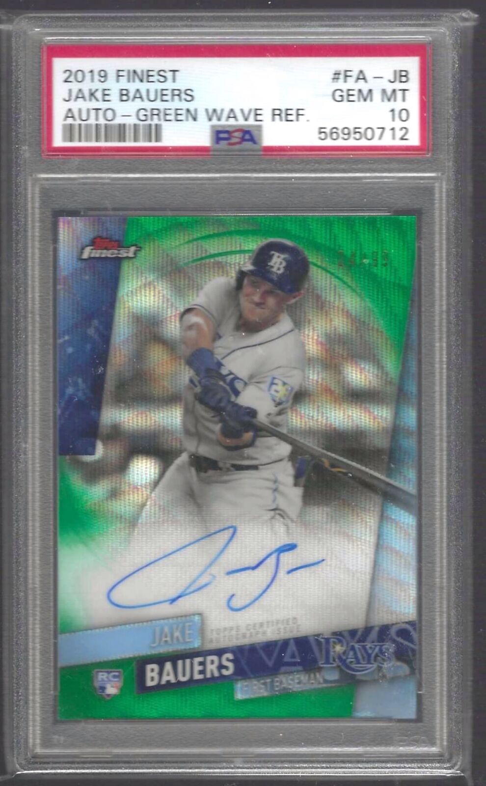JAKE BAUERS 2019 TOPPS FINEST GREEN WAVE REFRACTOR AUTO RC /99 PSA 10 GEM POP 2