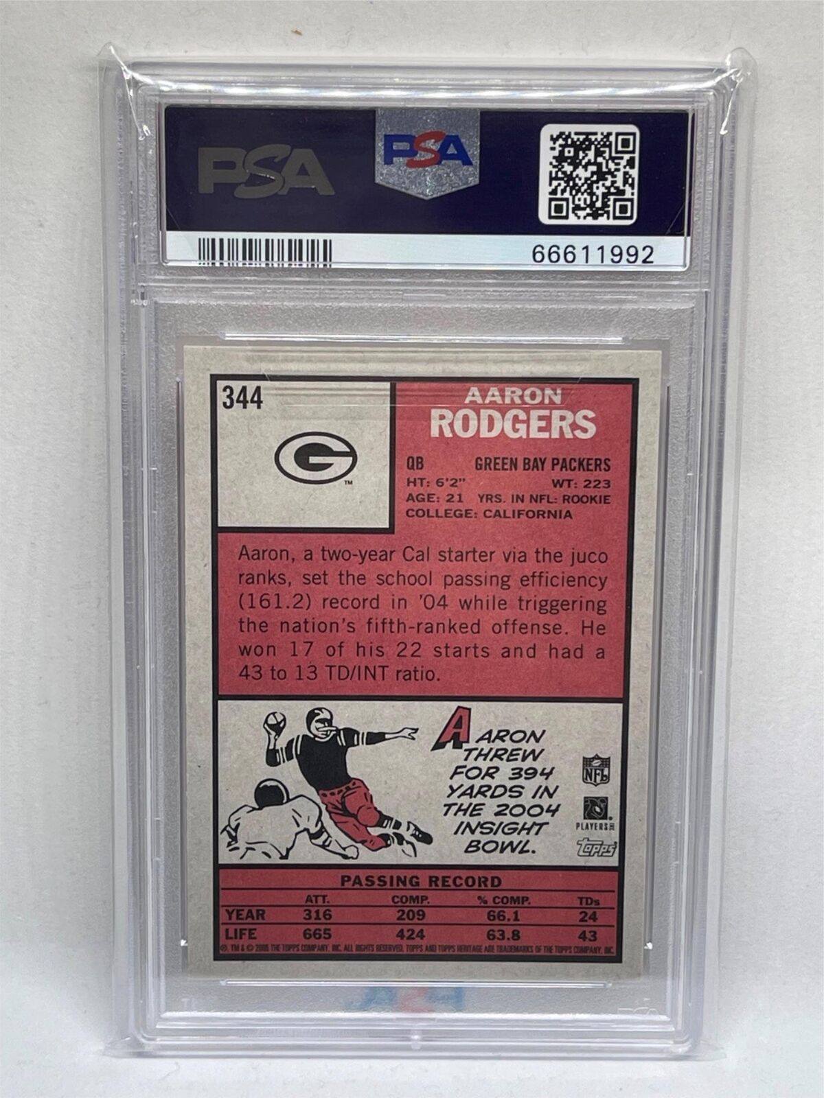 AARON RODGERS 2005 TOPPS HERITAGE ROOKIE RC #344 PSA 9 MINT