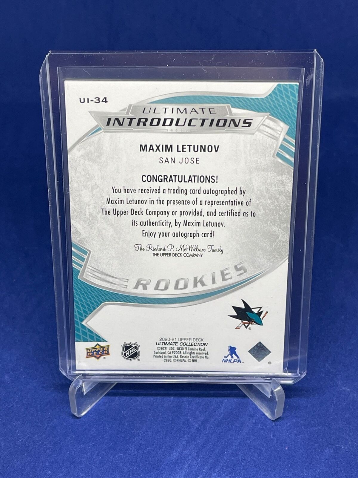 MAXIM LETUNOV 2020-21 UD ULTIMATE COLLECTION INTRODUCTIONS ROOKIE AUTO RC