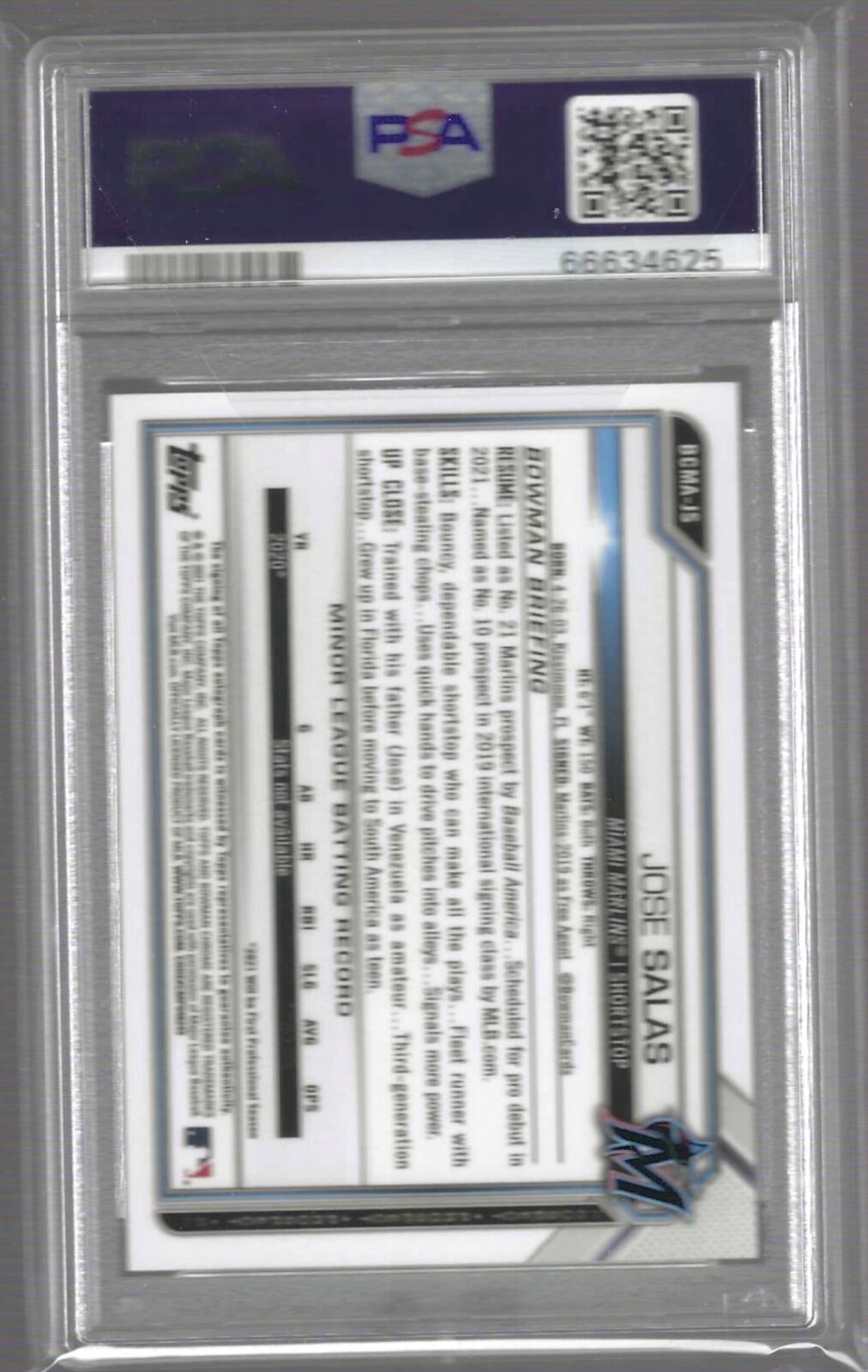 JOSE SALAS 2021 BOWMAN CHROME MEGA REFRACTOR PROSPECT AUTO #BCMA-JS PSA 9 POP 8