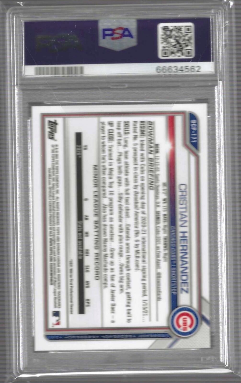 CRISTIAN HERNANDEZ 2021 BOWMAN CHROME MOJO REFRACTOR 1ST PROSPECT #171 PSA 9