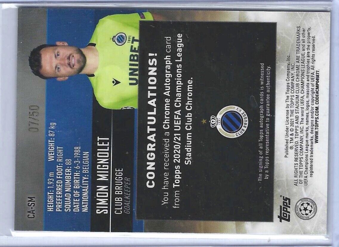 SIMON MIGNOLET 2020-21 STADIUM CLUB CHROME GOLD HYPER REFRACTOR AUTO #D 07/50